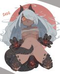  1girl 2024 :o animal_feet animal_hands ass_visible_through_thighs black_horns black_tail bottomless breasts budget_sarashi chest_sarashi chinese_zodiac circle claw_pose commentary_request dark-skinned_female dark_skin dragon_girl dragon_horns dragon_tail grey_background grey_hair hair_over_one_eye highres horns kneeling large_breasts long_hair looking_at_viewer multicolored_background navel one_eye_covered orange_eyes original parted_lips red_background red_circle sarashi shaded_face simple_background smoke solo tail tail_censor unarsite underboob v-shaped_eyebrows white_background year_of_the_dragon 