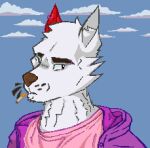 anthro arkdoggo arkdoggo_(character) berger_blanc_suisse canid canine canis cigarette clothing digital_media_(artwork) domestic_dog ear_piercing eyebrow_piercing eyebrows facial_piercing fur herding_dog hoodie inner_ear_fluff looking_back male mammal markings microsoft_paint pastoral_dog piercing pixel_(artwork) pixelated pupils red_body red_fur shirt slit_pupils solo t-shirt topwear tuft whisker_markings whisker_spots whiskers white_body white_fur