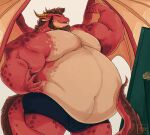 anthro belly big_belly big_pecs chili_(gargantuanchili) dragon flexing flexing_both_biceps flexing_muscles hi_res male male/male mirror moobs muscular_arm muscular_arms overhanging_belly overweight overweight_male pecs pose solo vetrowolf
