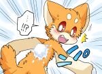 anthro ayaka canid canine canis countershading dialogue domestic_dog fangs female_(lore) fur japanese_text kyappy looking_back mammal motion_lines orange_body orange_fur shiba_inu snow snowball snowball_fight solo spitz surprise surprised_expression teeth text