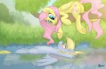  2018 absurd_res blonde_mane blue_eyes blush boop branch butt derpy_hooves_(mlp) dock duo equid equine eye_contact female female/female feral floating fluffyxai fluttershy_(mlp) folded_wings friendship_is_magic fur grey_body grey_fur hasbro hi_res horse looking_at_another mammal mane my_little_pony pegasus pink_mane pink_tail plant pony reaching reflection river shrub signature smile water wings yellow_body yellow_eyes yellow_fur yellow_tail 