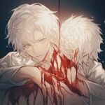  1boy blood blood_on_hands blue_eyes closed_mouth dante_(devil_may_cry) devil_may_cry_(series) devil_may_cry_2 highres lolvivianli looking_at_viewer pale_skin shirt white_hair white_shirt 