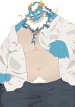 anthro beard belly blue_body blush body_hair bottomwear clothing dragon dress_shirt facial_hair haoming happy_trail hi_res horn lifewonders looking_at_viewer male musclegut navel pants pecs qinglong shirt solo tokyo_afterschool_summoners topwear unbuttoned_shirt whiskers yellow_eyes