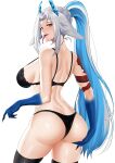  1girl animal_ears arm_tattoo ass black_bra black_panties black_thighhighs blue_hair blue_horns blue_scales bra breasts broken_horn colored_inner_hair deroo dragon_girl floppy_ears forked_tongue grey_hair highres horns indie_virtual_youtuber large_breasts long_hair median_furrow multicolored_hair panties ponytail ray_hime_(vtuber) scales second-party_source sideboob slit_pupils solo tattoo thighhighs tongue underwear very_long_hair virtual_youtuber yellow_eyes 