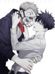  2boys :d animal_collar bangs black_hair black_hoodie black_pants collar commentary_request facial_mark fangs fingernails fushiguro_megumi green_eyes hair_between_eyes hands_on_another&#039;s_waist hood hoodie itadori_yuuji jujutsu_kaisen long_sleeves looking_at_another male_focus multiple_boys muzzle open_clothes pants shirt short_hair smile spiked_hair undercut white_shirt wuzhiang_liufu yaoi 