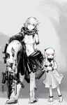  2girls abyssal_ship aircraft amputee barefoot breasts closed_mouth dress greyscale highres holding_own_tail horns injury kantai_collection monochrome multiple_girls navel nipples northern_ocean_princess pazuu pink_eyes re-class_battleship red_eyes scarf short_hair simple_background sketch small_breasts standing tail torn_clothes turret 