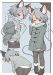  1girl animal_ear_fluff animal_ears ass black_footwear black_pantyhose blue_scarf boots cardigan clothes_pull coat grey_cardigan grey_coat grey_hair grey_skirt highres leaning_forward mouse_ears mouse_girl mouse_tail multiple_views nazrin pantyhose red_eyes scarf shirt short_hair skirt skirt_pull tail thighs touhou translation_request turnip_kabura undressing white_shirt 