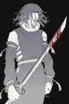  1boy absurdres black_background blood blood_on_face blood_on_weapon clenched_hand haruho_drst highres holding holding_sword holding_weapon ink_(medium) kagurabachi male_focus simple_background solo soujou_genichi sword traditional_media wavy_hair weapon 