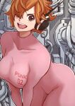  1girl aosora2823 artist_name bodysuit brown_eyes commentary_request earpiece hair_over_one_eye highres one_eye_covered one_piece open_mouth orange_hair short_hair smile solo teeth vegapunk_lilith 