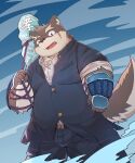 absurd_res anthro belly belt blue_eyes bulge cai_yuwang canid canine canis clothing domestic_dog eyebrows fur grey_body grey_fur hi_res lifewonders male mammal moritaka overweight scar school_uniform solo thick_eyebrows tokyo_afterschool_summoners uniform