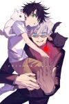  2boys :o animal bangs black_hair black_jacket black_pants blue_eyes carrying carrying_person commentary_request dog fushiguro_megumi gojou_satoru grin hair_between_eyes hand_gesture hand_up high_collar jacket jujutsu_kaisen long_sleeves looking_at_object magic male_focus multiple_boys pants shirt short_hair short_sleeves shorts smile spiked_hair sunglasses white_hair white_shirt wuzhiang_liufu younger 