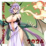  1girl 2024 abo_(hechouchou) breasts breathing_fire chest_tattoo chinese_zodiac claws cleavage dragon_girl dragon_tail dragon_tattoo dragon_wings dress fire gradient_hair hair_between_eyes highres large_breasts long_hair looking_at_viewer multicolored_hair original pelvic_curtain pink_hair purple_hair red_eyes scales simple_background solo tail tattoo two-tone_background very_long_hair wings year_of_the_dragon 