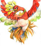  absurdres animal_focus bird commentary_request gara_(qbeuxvii22) highres ho-oh no_humans open_mouth painting_(medium) pokemon pokemon_(creature) red_eyes solo talons tongue traditional_media watercolor_(medium) 