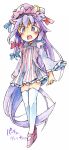  1girl absurdly_long_hair blue_bow bow crescent crescent_hat_ornament dress frilled_sleeves frills full_body hair_bow hat hat_ornament highres kibayashi_kimori long_hair long_sleeves looking_at_viewer mary_janes mob_cap one-hour_drawing_challenge open_mouth patchouli_knowledge pink_dress pink_footwear pink_headwear purple_eyes purple_hair red_bow shoes short_dress simple_background solo striped striped_dress teeth thighhighs touhou upper_teeth_only vertical-striped_dress vertical_stripes very_long_hair white_background white_thighhighs wide_sleeves 