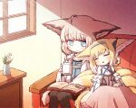  2girls animal_ears arknights black_pantyhose blonde_hair blue_eyes blue_hairband blush book closed_eyes closed_mouth colored_tips commentary_request cup earpiece flower fox_ears fox_girl fox_tail grey_hair hairband holding holding_cup indoors kitsune kyuubi lily_of_the_valley multicolored_hair multiple_girls multiple_tails name_connection object_namesake open_mouth pantyhose reading short_hair sitting sleeping sleeping_upright sussurro_(arknights) suzuran_(arknights) tail two-tone_hair white_hair yodo_rado 