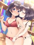  2girls absurdres arm_garter black_hair blue_eyes blush bob_cut bookshelf bra breasts cleavage closed_eyes closed_mouth commentary commission fingering frown hand_on_another&#039;s_neck highres indoors kemono_friends kiss lace-trimmed_bra lace_trim looking_at_viewer matching_outfits medium_breasts multiple_girls navel panties red_bra red_panties shiraha_maru short_hair standing superb_bird-of-paradise_(kemono_friends) underwear underwear_only western_parotia_(kemono_friends) white_bra white_panties yuri 