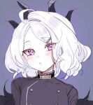  1girl alternate_hair_length alternate_hairstyle black_horns blue_archive blush closed_mouth demon_horns grey_background hina_(blue_archive) horns looking_at_viewer oomabiblogo2 portrait purple_eyes short_hair simple_background solo white_hair 