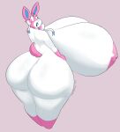 2023 anthro areola big_breasts big_butt blue_sclera bow_ribbon breasts butt eeveelution female generation_6_pokemon hi_res huge_breasts huge_butt huge_thighs hyper hyper_breasts hyper_butt hyper_thighs looking_at_viewer looking_back looking_back_at_viewer multicolored_body nintendo nipples nude pink_body pokemon pokemon_(species) rear_view ribbons signature simple_background solo standing sylveon tail text tha_randomu thick_thighs white_body white_eyes wide_hips