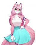 anthro aridolena bare_shoulders blue_bottomwear blue_clothing blue_skirt bottomwear broken_sky clothing felid feline female fur green_eyes hair hand_on_hip hi_res lily_(broken_sky) long_hair looking_at_viewer mammal pink_body pink_ears pink_fur pink_hair pink_tail shirt simple_background skirt solo tail tank_top topwear white_background white_clothing white_shirt white_tank_top white_topwear