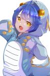  1girl :d ahoge amamiya_kokoro animal_costume bell blue_hair commentary_request dragon_costume dragon_hood fang gradient_hair hair_bell hair_ornament hairclip hands_up highres hood hood_up jingle_bell looking_at_viewer multicolored_hair nijisanji purple_hair simple_background smile solo takara_akihito virtual_youtuber white_background x_hair_ornament yellow_eyes 