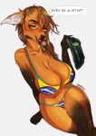 anthro army_uniform bikini biped bloodsyvic brazil brazilian brazilian_flag breasts canid canine clothing dialogue female hi_res looking_at_viewer mammal maned_wolf miranda_(naythf) multicolored_body simple_background solo speech_bubble swimwear talking_to_viewer text translated two_tone_body water wet