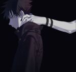  2boys arm_tattoo black_background black_hair black_jacket black_nails buttons closed_mouth commentary_request fushiguro_megumi green_eyes hand_on_another&#039;s_neck high_collar jacket jujutsu_kaisen male_focus multiple_boys nervous outstretched_arm ryoumen_sukuna_(jujutsu_kaisen) school_uniform short_hair spiked_hair sweatdrop tattoo upper_body wuzhiang_liufu yaoi 