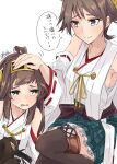  2girls ahoge alakoala blush boots brown_footwear brown_hair commentary_request commission crying detached_sleeves double_bun green_skirt hakama hakama_short_skirt hakama_skirt headgear headpat hiei_(kancolle) highres japanese_clothes kantai_collection kongou_(kancolle) long_hair multiple_girls nontraditional_miko plaid plaid_skirt ribbon-trimmed_sleeves ribbon_trim short_hair signature skeb_commission skirt thigh_boots thighhighs translation_request 