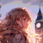  1girl blonde_hair blurry blurry_background blush brown_hair clock clock_tower closed_mouth from_side highres kouya_(pixiv98325651) long_hair mole mole_under_eye original scarf scenery shirt smile solo tower united_kingdom 