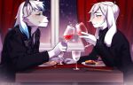 alcohol anthro beverage blush canid canine canis container cup dante_kinkade date dinner dinner_table drinking_glass duo eye_contact fancy_clothing gekko-seishin glass glass_container glass_cup hi_res holidays lagomorph leporid looking_at_another male male/male mammal rabbit restaurant romantic suit_jacket valentine&#039;s_day wine wine_glass wolf zack_(thezackrabbit) 