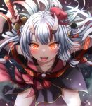  1girl black_kimono blush gradient_hair grey_hair highres holding holding_sword holding_weapon hololive horns japanese_clothes kimono looking_at_viewer mask multicolored_hair nakiri_ayame nakiri_ayame_(1st_costume) oni oni_horns oni_mask open_mouth red_eyes red_hair red_kimono skin-covered_horns sleeveless sleeveless_kimono smile streaked_hair sword sword_on_back virtual_youtuber weapon weapon_on_back yozu_(yozu0420) 