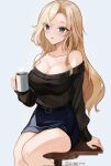  1girl bare_shoulders black_sweater blonde_hair blue_eyes blue_skirt blush breasts cleavage collarbone cup dawn_1945 highres holding holding_cup hornet_(kancolle) kantai_collection large_breasts long_hair long_sleeves looking_at_viewer mug off-shoulder_sweater off_shoulder parted_lips pencil_skirt simple_background sitting skirt solo stool sweater twitter_username 