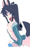  1boy animal_ears ass bare_shoulders black_hair blue_eyes blush censored choker closed_mouth commentary cum cumdrip dog_ears dog_tail flat_chest from_side heart heart_censor highres long_hair male_focus male_masturbation masturbation nipples off_shoulder op_na_yarou original otoko_no_ko ponytail simple_background solo sweat tail testicles white_background zense-kun_(op_na_yarou) 