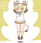  1girl animal_ears arms_up blonde_hair bow bowtie cardigan coroha extra_ears full_body giraffe_ears giraffe_girl giraffe_horns giraffe_tail horns jumping kemono_friends long_hair looking_at_viewer shirt shoes simple_background sivatherium_(kemono_friends) skirt socks solo tail yellow_background 