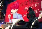  1boy 1girl absurdres amamiya_ren andrich_galam black_coat black_hair coat coattails hair_bun highres jacket long_hair long_sleeves looking_at_viewer official_alternate_costume official_alternate_hairstyle open_mouth persona persona_5 persona_5_the_royal red_eyes red_hair smile solo yoshizawa_kasumi 