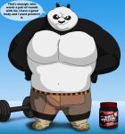 2015 anthro bear belly black_body black_fur blue_eyes bottle bottomwear clothed clothing container dreamworks english_text footwear fur giant_panda hi_res jar kung_fu_panda male mammal master_po_ping muscular muscular_anthro muscular_male navel pants solo speech_bubble text weights white_body white_fur xxsparcoxx