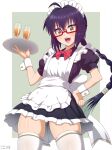  1other ahoge androgynous apron black_dress black_hair bow bowtie braid braided_ponytail brown_eyes cup dress drinking_glass fate/samurai_remnant fate_(series) glasses guriguri_(arayotto4351) highres long_hair looking_at_viewer maid_headdress open_mouth short_sleeves sidelocks smile solo thighhighs thighs tray white_apron white_thighhighs wrist_cuffs yamato_takeru_(fate) 