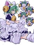  &gt;_&lt; 1girl :3 absurdres ahoge animal_hands animal_hat apron apron_hold bell black_eyes blue_dress blush blush_stickers cat_hat chibi chibi_inset constricted_pupils curtained_hair dejiko di_gi_charat dress expressionless furrowed_brow gloves green_eyes green_hair hair_bell hair_ornament half-closed_eyes hat highres jingle_bell maid mugi_(mugimugi_9kv) multiple_views neck_bell outstretched_legs paw_gloves paw_shoes puffy_short_sleeves puffy_sleeves short_hair short_sleeves sitting smile smug two_side_up white_apron white_background white_footwear white_gloves wide-eyed 