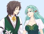  1boy 1girl :d ^_^ aqua_eyes aqua_hair arm_strap black_hair blue_background bow braid breasts chloe_(fire_emblem) cleavage closed_eyes commentary_request dress facing_another fire_emblem fire_emblem_engage green_dress green_vest hair_bow looking_at_another louis_(fire_emblem) medium_breasts red_bow shinomu_(si666is) shirt short_sleeves simple_background smile vest white_shirt 