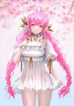  1girl :&lt; absurdres ahoge bare_shoulders blurry blurry_background breasts cherry_blossoms cleavage closed_mouth dress frills highres lizchief long_hair original petals pink_eyes pink_hair pointy_ears puffy_sleeves ribbon see-through shiny shiny_hair signature solo twintails very_long_hair white_dress yellow_ribbon 