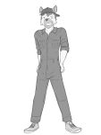 anthro backwards_baseball_cap backwards_hat baseball_cap clothed clothing coveralls footwear full-length_portrait fully_clothed fuze fuzeyeen greyscale hat headgear headwear hi_res hyena male mammal monochrome portrait shoes simple_background solo spotted_hyena white_background