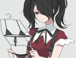  1girl ame-chan_(needy_girl_overdose) bikini black_bikini black_eyes black_hair black_ribbon collared_shirt commentary_request grey_background hair_over_one_eye holding_clothes_hanger long_hair neck_ribbon needy_girl_overdose oh_(aung_ae) parted_lips red_shirt ribbon shaded_face shirt short_sleeves simple_background solo suspenders swimsuit swimsuit_hanger twintails unworn_swimsuit upper_body 