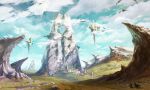  1other blue_sky building cliff commentary_request day defensive_wall dragon fantasy floating floating_object flock flying haguruma_rapt highres holding holding_staff horizon machine magic megastructure metal nature original outdoors plant rock ruins scenery sky staff standing stream tower town vines water western_dragon windmill 