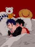  2boys bed bepo bite_mark biting black_hair black_shirt blush character_doll chest_tattoo closed_eyes commentary_request demorzel earrings facial_hair full-face_blush fur_hat goatee hand_tattoo hand_under_clothes hand_under_swimsuit hat hickey jewelry lying male_focus monkey_d._luffy multiple_boys neck_biting one_piece open_mouth pants pillow red_background shirt short_hair straw_hat swimsuit tattoo teeth trafalgar_law unworn_eyewear unworn_headwear yaoi yellow_eyes 
