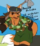 angry anthro army beret bottomwear brazil breasts canid canine cleavage clothed clothing dialogue female fur hand_on_hip hat headgear headwear hi_res leaning leaning_forward looking_at_viewer mammal maned_wolf meme miranda_(naythf) name_tag naysayingmongrel orange_body orange_fur simple_background sketch skirt soldier soldier_uniform solo tools warrior