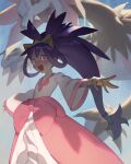  1girl absurdres black_hair blurry blurry_background dark-skinned_female dark_skin dress fang givemeyourtmi hair_rings highres hydreigon iris_(pokemon) long_hair looking_at_viewer low-tied_long_hair multiple_heads open_mouth outstretched_arms pink_dress pink_eyes pink_skirt pokemon pokemon_(creature) pokemon_bw2 shaded_face shadow skirt tiara wide_sleeves 