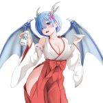  1girl absurdres alternate_costume blue_eyes blue_hair breasts chinese_zodiac cleavage commentary_request commission dragon_girl dragon_wings gibun_(sozoshu) hakama highres japanese_clothes kimono large_breasts looking_at_viewer miko pixiv_commission re:zero_kara_hajimeru_isekai_seikatsu red_hakama rem_(re:zero) solo wings year_of_the_dragon 