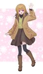 1girl blush boots brown_hair coat commission full_body hand_up long_hair long_sleeves looking_at_viewer open_mouth original plaid plaid_skirt purple_eyes skeb_commission skirt smile solo standing standing_on_one_leg sweater thighhighs tokifuji_kougetsu turtleneck waving 