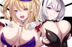  2girls akeyama_kitsune animal_ears azur_lane black_leotard blonde_hair blue_leotard breasts fake_animal_ears gloves gradient_eyes guam_(azur_lane) guam_(stage-setting_charmer)_(azur_lane) heart heart_tattoo huge_breasts leotard long_hair looking_at_viewer mole mole_under_mouth multicolored_eyes multiple_girls official_alternate_costume open_mouth playboy_bunny purple_eyes rabbit_ears san_jacinto_(azur_lane) san_jacinto_(flavor_of_the_day)_(azur_lane) star-shaped_pupils star_(symbol) strapless strapless_leotard symbol-shaped_pupils tattoo upper_body white_gloves 