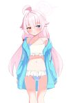  :o absurdres ahoge bikini blue_archive blue_eyes blue_jacket frilled_bikini frills hair_bobbles hair_ornament halo heterochromia highres hoshino_(blue_archive) hoshino_(swimsuit)_(blue_archive) jacket long_sleeves looking_to_the_side low_twintails navel official_alternate_costume open_clothes open_jacket pink_hair simple_background standing swimsuit twintails white_background white_bikini white_halo yellow_eyes yunoyuno 