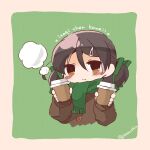  1girl alternate_costume bloom2425 blush brown_coat brown_eyes closed_mouth coat cup disposable_cup green_background hair_between_eyes hair_ornament hair_ribbon hairclip highres holding inagi_(kancolle) jacket kantai_collection long_hair long_sleeves ribbon romaji_text scarf short_hair simple_background smile solo steam twintails two-tone_background upper_body 